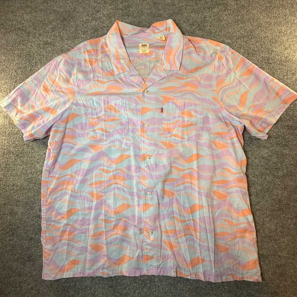 Levis Mens XL Relaxed Fit Short Sleeve Button Up Shirt Wavy Pastel Psychedelic
